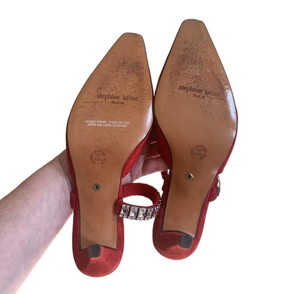 Vintage 90s Stephane Kelian Red Suede Mules Rhinestone Straps sz 8 - Picture 10 of 10
